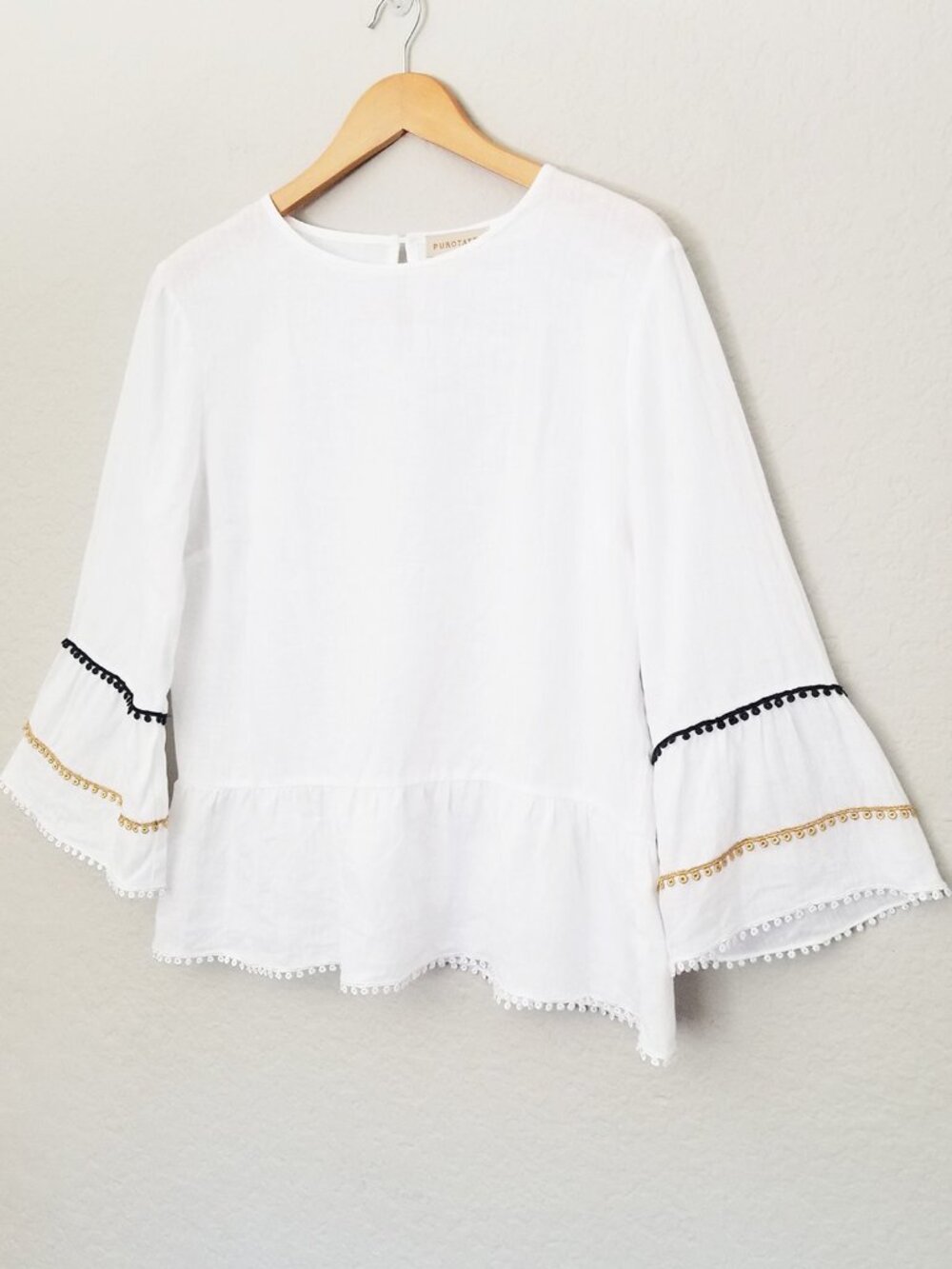 Purotatto 100% Linen Flax Blouse Top White Bell Sleeves Crochet Trim Italy 44 M - Picture 3 of 13